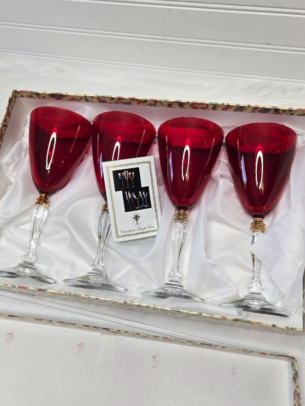 4 Cristalleria Fratelli Fumo Made In Italy Ruby Red Glass Wine Stem Goblets NEW